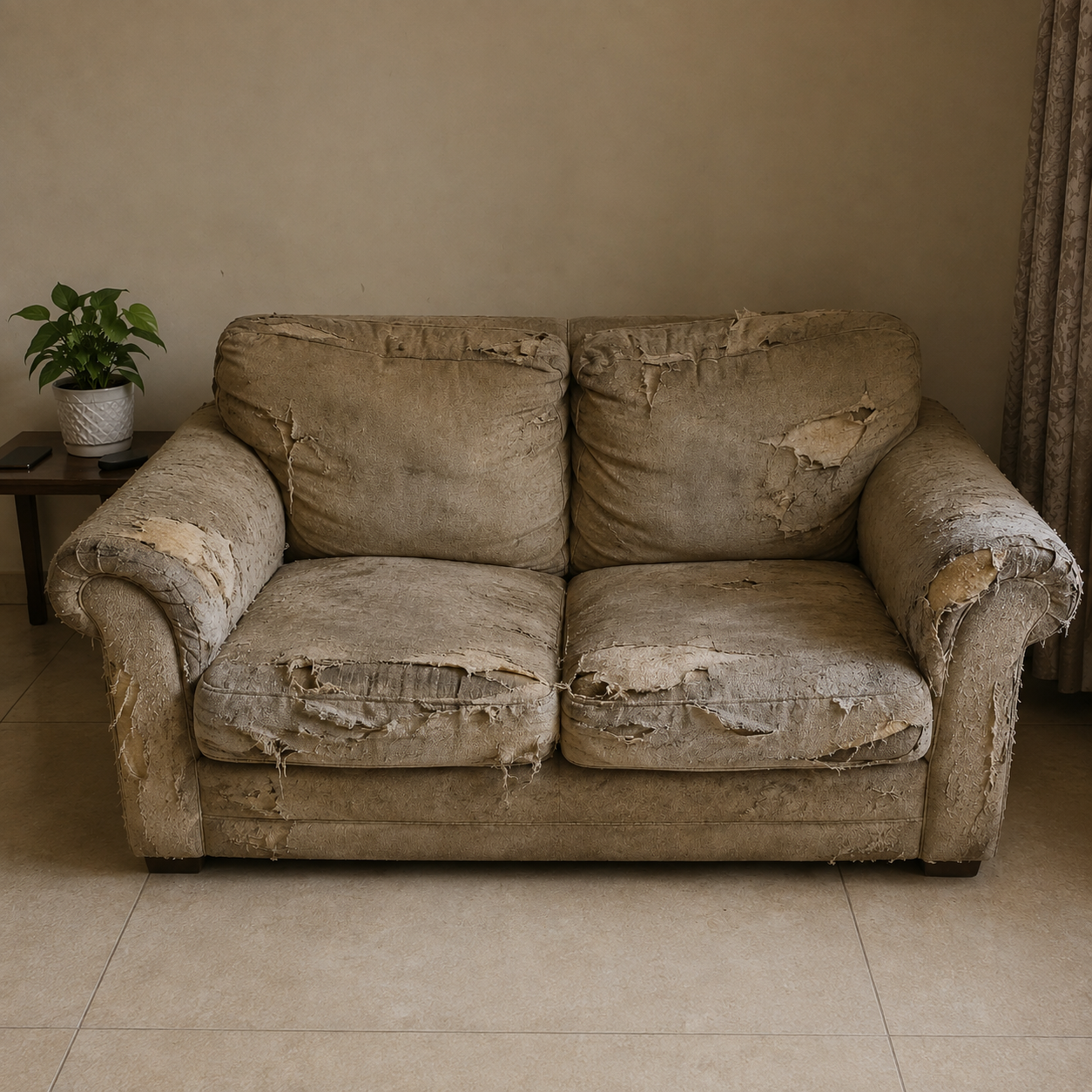 Worn sofa with faded fabric and sagging cushions before restoration
