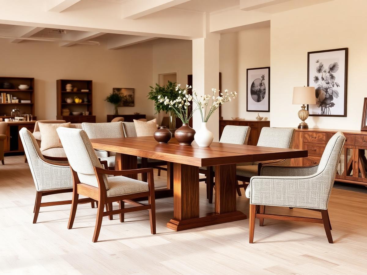 Custom made wooden dining table with upholstered chairs crafted by Indian Furnishing