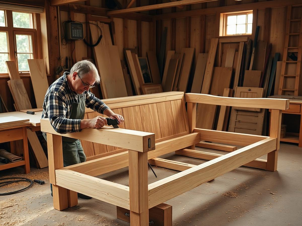 Carpenter building a solid wood sofa frame in the workshop